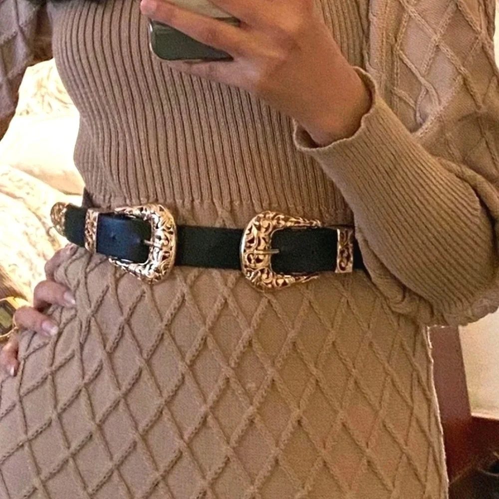 Western Black Double Buckle wide Waist Belt Faux leather Gold Boho Statement